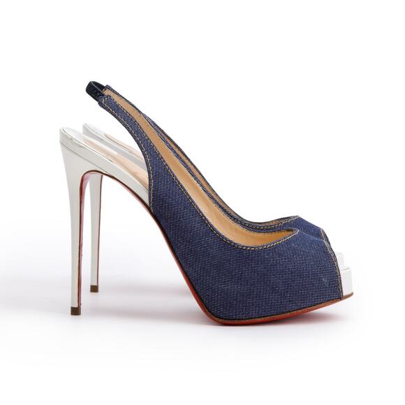 CHRISTIAN LOUBOUTIN Denim/Jazz Leather Peep toe Slingback Sandals size EU 35.5 - Picture 1 of 8
